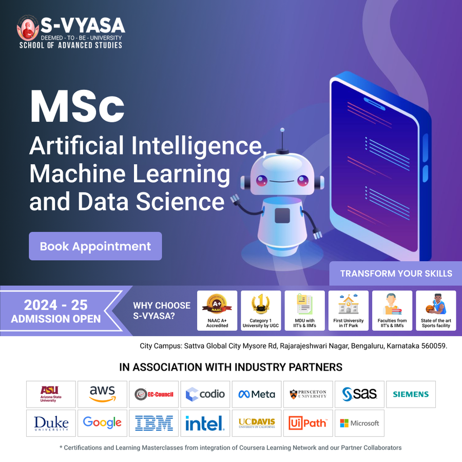 MSc Artificial Intelligence, ML and Data Science at S-VYASA University (Deemed-to-be-University), Bengaluru/Bangalore